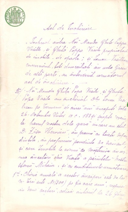 A3616N Act de &icirc;nchiriere a hanului din gara Găești, județul D&acirc;mbovița, 1887