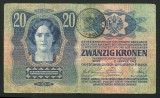 q480 UNGARIA ROMANIA 20 KORONA 1913 prima emisiune CU TIMBRU SPECIAL STAMPILAT IN BUCOVINA VF