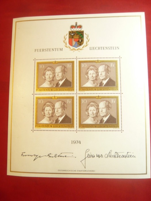 Bloc Liechtenstein 1974 - Perechea Recala ,val. 10fr. ,4 val. in bloc