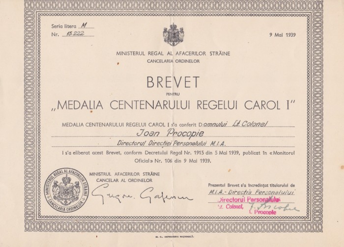 Brevet medalia centenarului regelui Carol I 1939
