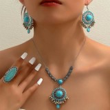 Bijuterii Statement cu Turcoaz &ndash; Set Elegant cu Lant, Cercei si Inel Vintage