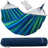 Hamac dublu, maxim 150 kg, husa transport, bumbac/poliester, albastru/verde