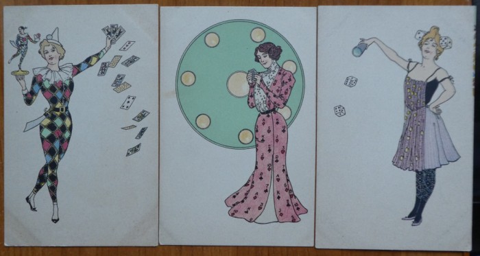 5 carti postale cromolitografiate , jocuri de noroc , inceput de secol 20