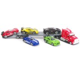 Camion platforma cu masini de curse, 1:58, schelet metalic, ATU-089515, Plastic, Oem