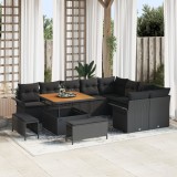 Set de Canapea de Grădină vidaXL 12 Piese cu Perne Negru Poliratan Acacia, Set de Mese de Grădină vidaXL 3 Piese cu Perne Negru Poliratan Acacia, Cana