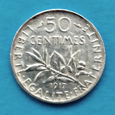 FRANTA 50 CENTI CENTIMES 1917 ARGINT STARE EXCELENTA SPRE AUNC foto