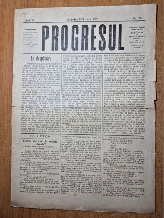 ziarul progresul 9 /22 iunie 1912 - memoriile unui supravietuitor de pe titanic