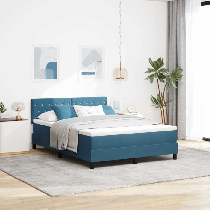 vidaXL Pat cu Arcuri și Saltea Albastru &icirc;nchis 140 x 190 cm țesătură