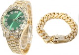 Cumpara ieftin Set Ceas Iced Out Gold Green + Bratara Cuban, insertii din zirconiu, otel inoxidabil, dispozitiv pentru ajustare, impachetare premium, auriu