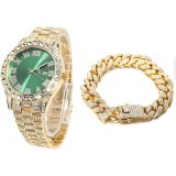 Set Ceas Iced Out Gold Green + Bratara Cuban, insertii din zirconiu, otel inoxidabil, dispozitiv pentru ajustare, impachetare premium, auriu