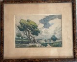 1939 Lucrare interbelică rom&acirc;nească, eticheta&rdquo; Salonul toamnei, expozitie permananta&rdquo; Bucuresti, tehnica mixta, Al. Munteanu, 28x23, rama si sticla