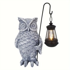 Ornament de Decor pentru Gradina cu LED, Model Bufnita cu Felinar, Decoratiune Exterioara pentru Casa si Gradina, din Rasina, 21.5x15 cm, Gri