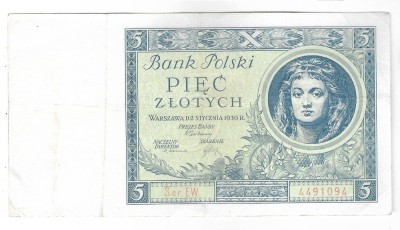 Bancnota 5 zlotych 1930 - Polonia foto