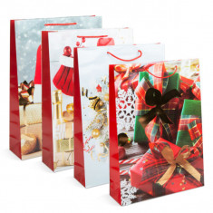 Pungă cadou de Crăciun - hârtie - 330 x 102 x 457 mm - 4 feluri / pachet - 12 buc / pachet