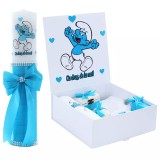Cumpara ieftin Set Cutie Trusou cu Lumanare, 9 Piese, &quot;Cu drag de la nasi&quot;, Turcoaz, Strumf - TB189