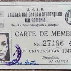 Carte de membru Uniunea Nationala a Studentilor din Romania 1948