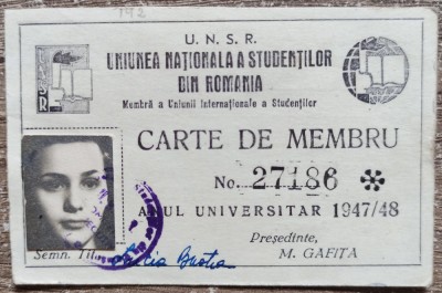 Carte de membru Uniunea Nationala a Studentilor din Romania 1948 foto