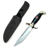 Cutit tactic de vanatoare, teaca din piele naturala, lama 440C, maner acrilic full tang, 26 cm, negru