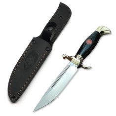 Cutit tactic de vanatoare, teaca din piele naturala, lama 440C, maner acrilic full tang, 26 cm, negru
