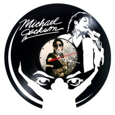 Ceas de perete decorativ realizat din disc de vinil, Model Michael Jackson / Regele Muzicii Pop, Negru, 30 cm