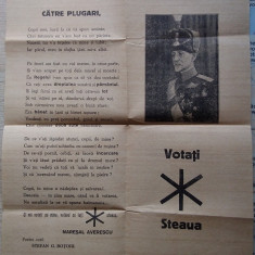 Afiș electoral CUVÂNTUL MAREȘALULUI AVERESCU CĂTRE PLUGARI - anii 1930
