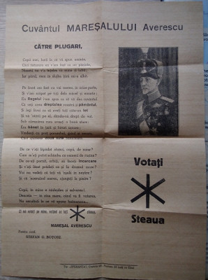 Afiș electoral CUV&amp;Acirc;NTUL MAREȘALULUI AVERESCU CĂTRE PLUGARI - anii 1930 foto