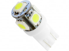 Set 2x Becuri LED Auto T10 W5W 12V cu 5 LED-uri 0.6W pentru Pozitie, Lumina Alb Rece 6000K foto