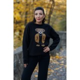 Bluza dama neagra tricotata cu imprimeu ursulet