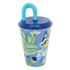 Pahar Plastic Bluey, Capac Cu Pai, Albastru, Capacitate 430ml