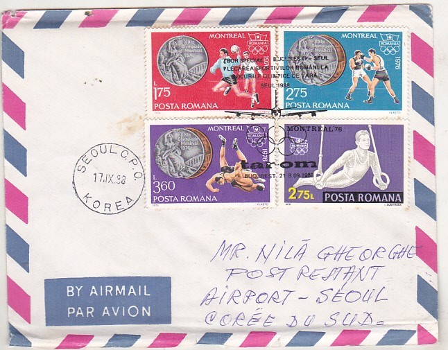 bnk fil Romania - plic circulat Romania - Coreea de Sud - JO Seul 1988 - zbor TAROM