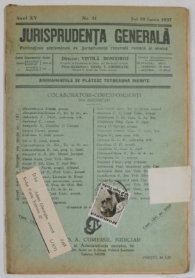 JURISPRUDENTA GENERALA , PUBLICATIUNE SAPTAMANALA DE JURISPRUDENTA ...ANUL XV , NR. 21 , JOI 10 IUNIE , 1937 foto