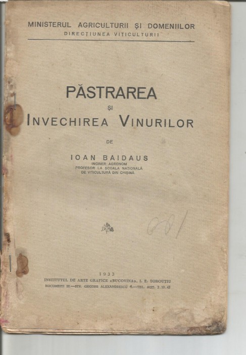 (8A)- IOAN BAIDAUS - PASTRAREA SI INVECHIREA VINURILOR , 1933