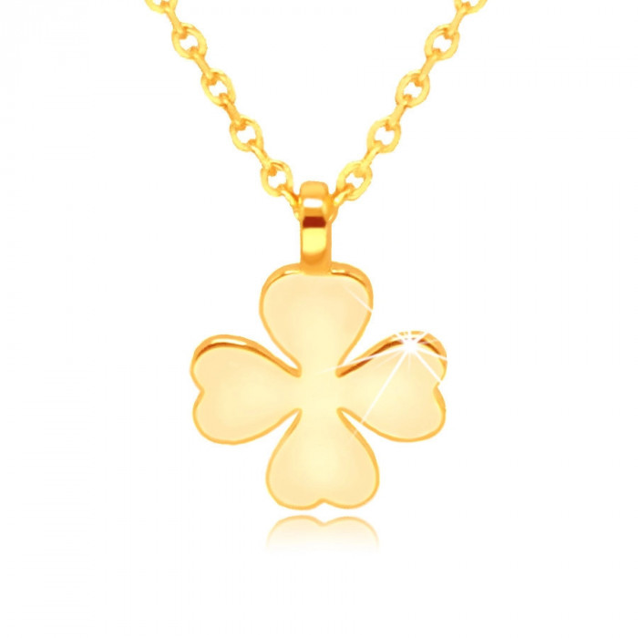 Colier din aur galben 375 - trifoi cu patru foi cu frunze &icirc;n formă de inimă, simbol al fericirii