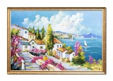 Cumpara ieftin Tablou inramat gigant Grecia peisaj mediteranean pictat manual, O zi insorita, 130x90cm ulei pe panza, Constantin Feraru