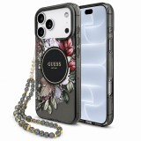 Husa MagSafe pentru Apple iPhone 18 Pro / 17 Pro, Guess, IML Flowers with Pearl Strap, Neagra