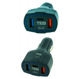 Alimentator Incarcator de la auto la 3x USB: 2x USB-A 3.5A + 1x USB-C Fast Charge 1.8A LZ-368