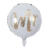Balon din folie metalizata, flippy, figurina cerc, model mr, tematica nunta, 45 cm, ambalaj individual, pai inclus, umflare cu aer sau heliu, alb