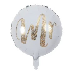 Balon din folie metalizata, flippy, figurina cerc, model mr, tematica nunta, 45 cm, ambalaj individual, pai inclus, umflare cu aer sau heliu, alb