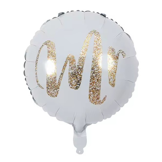 Balon din folie metalizata, flippy, figurina cerc, model mr, tematica nunta, 45 cm, ambalaj individual, pai inclus, umflare cu aer sau heliu, alb