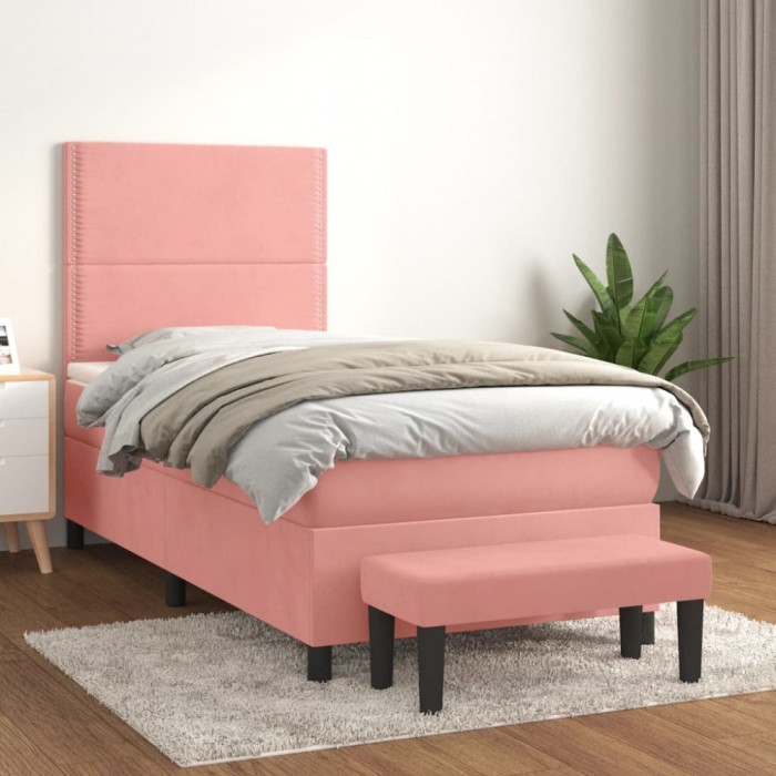 vidaXL Pat box spring cu saltea, roz, 100x200 cm, catifea 3137772