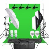 Kit studio foto video cu fundal verde chroma key, 2 softboxuri, 2 umbrele, 2 becuri fluorescente 45W 5500K si 2 LED 150W, suport reglabil 200 cm, gent