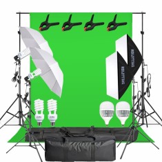 Kit studio foto video cu fundal verde chroma key, 2 softboxuri, 2 umbrele, 2 becuri fluorescente 45W 5500K si 2 LED 150W, suport reglabil 200 cm, gent