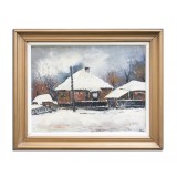 Tablou vechi pictat manual inramat, Peisaj de iarna, 70x60cm ulei pe panza, Valeriu Stoica 1996