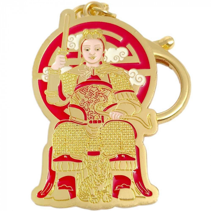 Breloc Tai Sui, amuletă feng shui de protecție &icirc;mpotriva suferințelor și atragerea banilor metal roșu cu auriu 11 cm