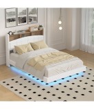 Pat Mario Alb 160x200 cm, Piele Ecologica, Iluminare LED, Spatiu Depozitare Tablie, Fara Saltea