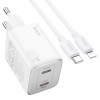 Incarcator Retea Cu Cablu Lightning HOCO N42, 45W, 3A, 2 x USB-C, Alb, Apple