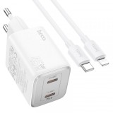 Incarcator Retea Cu Cablu Lightning HOCO N42, 45W, 3A, 2 x USB-C, Alb, Apple