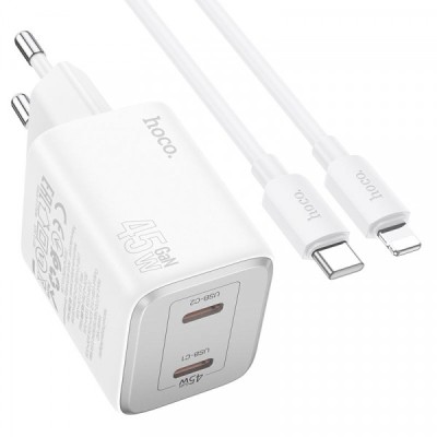 Incarcator Retea Cu Cablu Lightning HOCO N42, 45W, 3A, 2 x USB-C, Alb foto