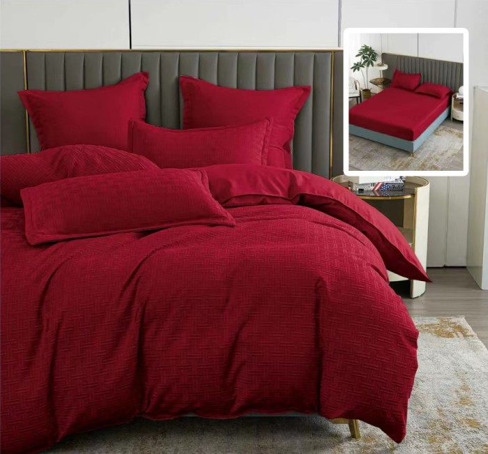 LENJERIE DE PAT NATUR UNI STRIPE 6 PIESE CU HUSĂ (ROSU)