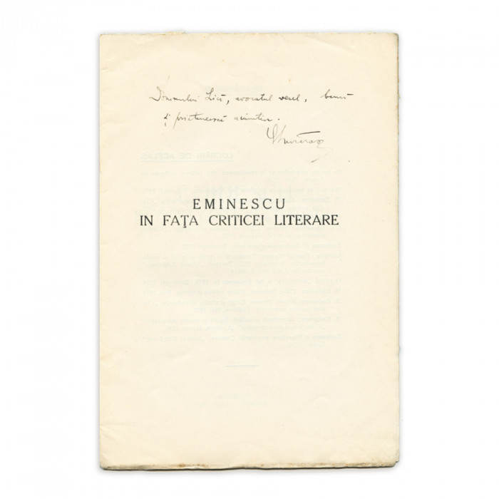 D. Murărașu, Eminescu &icirc;n fața criticii, cu dedicație
